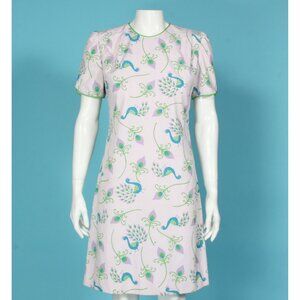 Vtg 60s THE VESTED GENTRESS Blue Green Peacock Print on Lavender Dress Sz 6 /703